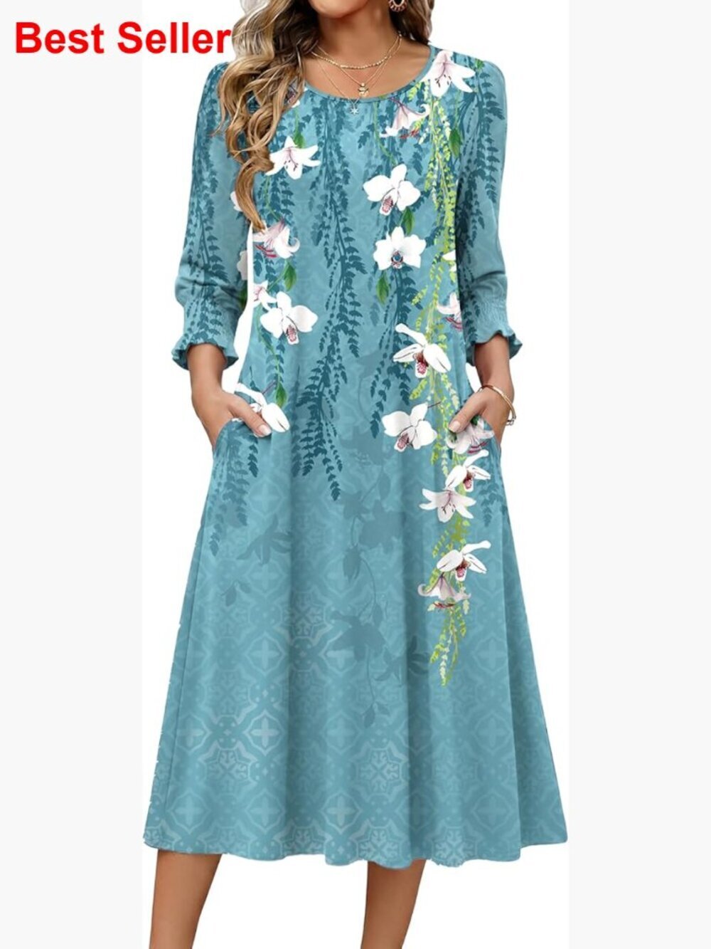 3/4 Sleeve Floral Midi Dress with Pockets, Polyester Spandex Blend
